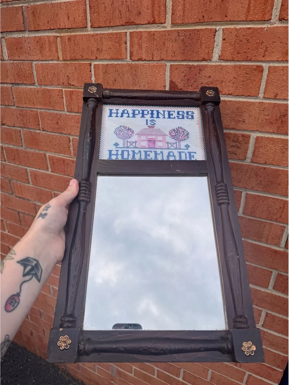 Vintage Wooden Wall Mirror with 'Happiness is Homemade' Embroidery